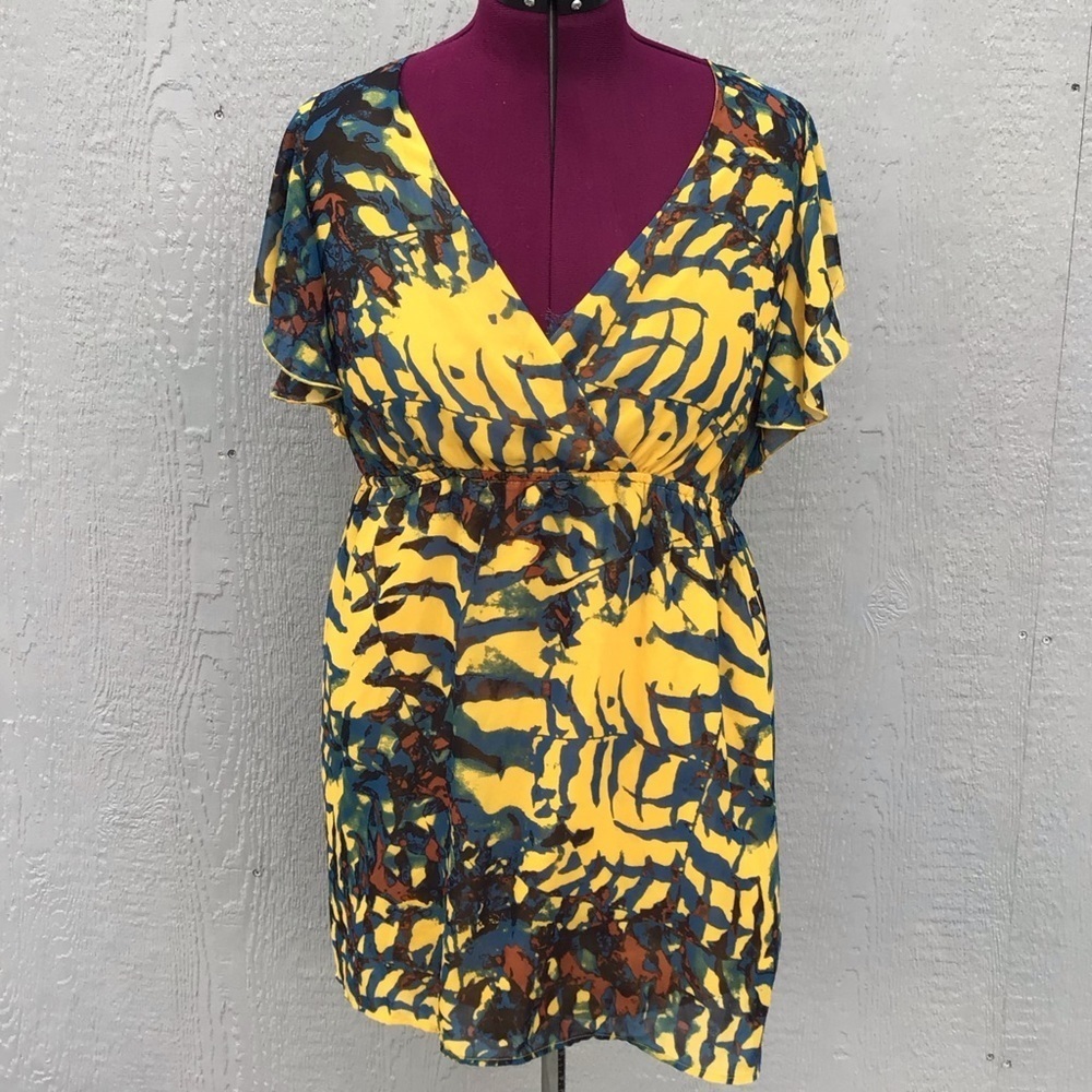 Yellow Abstract Print V-Neck Mini Dress